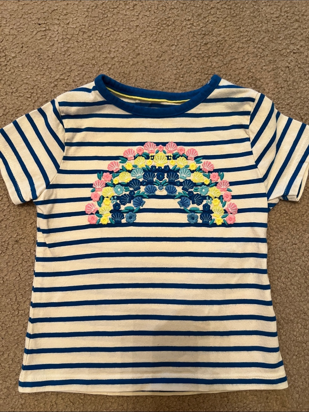 Boden Blue & White Striped Short-Sleeve Tee with Embroidered Rainbow